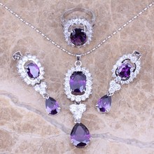 Purple Cubic Zirconia White CZ Silver Plated Jewelry Sets Earrings Pendant Ring Size 6 / 7 / 8 / 9 / 10 S0046 2024 - buy cheap