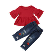 Conjunto de roupas infantis com babados para meninas, camiseta de manga longa + calça jeans larga para crianças 2024 - compre barato
