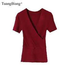 Sexy Deep V-Neck Women Short Sleeve Sweaters Summer Autumn Ladies Knit Tops Party Club Sweater Elastic Slim Female Jumpers 2021 2024 - buy cheap