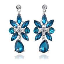 Fashion Flower Tear Drop Long Dangle Earrings Sweet Metal With Rhinestone Blue Crystal Drop Earring For Women Wedding Jewelry 2024 - buy cheap