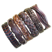 Handmade wholesale vintage bangle 6pcs/lot ethnic tribal adjustable wrap genuine leather bracelet for men-S49 2024 - buy cheap