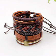 5pcs/set Boho Gypsy Hippie Punk Brown Macrame Leather Beige Cord Wrap Knot Layers Stacked Adjustable Bracelets Set for Man 2024 - buy cheap