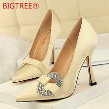 BIGTREE Star Style Sexy Pointed Toe Women Pumps Crystal Solid Silk Shallow 10.5CM High Heels Shoes Women's Wedding Shoes 2024 - buy cheap