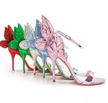 Metallic Embroidered Butterfly Wings Women Sandals Angel Wings Party Dress Pumps Open Toe Real Leather Ankle Wrap High Heels 2024 - buy cheap
