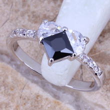 Black Cubic Zirconia White CZ Silver Plated Heart Women's Jewelry Ring Size 6 / 7 / 8 / 9 R0651 2024 - buy cheap