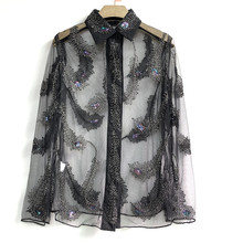 New Blouse Summer Sexy Long Sleeve Sequined Feather Beading Lace Blouse Shirt Women 2024 - buy cheap