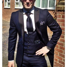 Smoking azul marinho para casamento blazer masculino jaqueta + colete + calça terno para homens jaqueta customizada com um botão 2024 - compre barato
