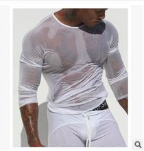 Sexy fashion transparent gauze long sleeve o-neck slim tight men undershirt black and white fashion men t-shirt undershirt 2024 - buy cheap