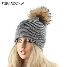 Chapéus de inverno de caxemira para mulheres, chapéu de pompom de pele, toucas skullies, gorro de lã com fio de prata, chapéu de tricô outono para meninas gorros inverno 2024 - compre barato