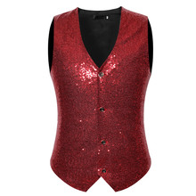 Men's Red Paillette Waistcoat Vest 2021 Fashion Red Sequin Wedding Groom Suit Vest Gilet Men Nightclub DJ Bar Singers Costume 2024 - buy cheap