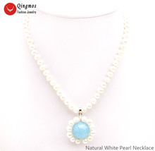 Qingmos Natural Pearl Pendant Necklace for Women with 6-7mm White Pearl Necklace 18mm Sky-Blue Jades Stone Necklace Jewelry 17" 2024 - buy cheap