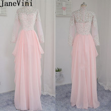 Vestido de noite estilo janevini 2019, vestido formal, rosa, com rendas, manga comprida, vestido de contas arábico, vestido de mãe da noiva 2024 - compre barato