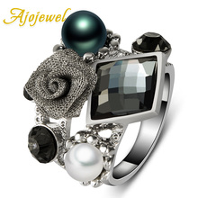 Ajojewel-Anillo de perlas blancas y negras para mujer, joyería de moda, anillo de flores de cristal 2024 - compra barato