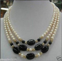 Beautiful 3 rows white Freshwater pearl black jade Necklace 2024 - buy cheap