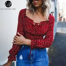 Conmoto Long Sleeve Casual Blouse Shirt Square Collar Short Feminine Blouse Off Shoulder Dot Crop Lace Up Boho Blouse 2024 - buy cheap