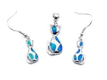 Cute Cat Design White / Blue Fire Opal Jewelry sets (Necklace + Earring) 2024 - buy cheap