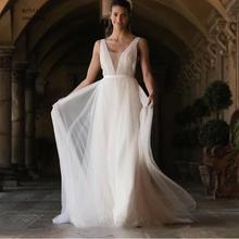 Cheap Boho Wedding Dress 2022 A Line Tulle Long Backless White Beach Wedding Dress Tulle V Neck Pleats Princess Bride Dress 2022 2024 - buy cheap