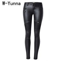 W-Yunna New Fashion Imitation Denim Slim Leggings for Women Black Motorcycle Streetwear Pants Folds Zippers PU Leather Pants 2024 - buy cheap