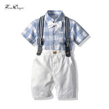 Tem doger-conjuntos de roupas para meninos, roupas de verão para crianças, camisa com gravata + calça + correias, 3 peças 2024 - compre barato