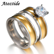 Atoztide 2pcs/set Fashion Cubic Zirconia Groove Couple Rings Gold Color Stainless Steel Wedding Band Lovers Finger Rings Gift 2024 - buy cheap