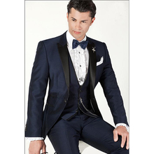 One Button Peak Lapel Navy Blue High quality Groom Tuxedos Bridegroom Suits Groomsman suit men 2020 (Jacket+Pant+vest+tie) 2024 - buy cheap