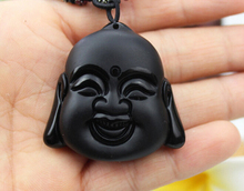 2016 Chinese Handwork Black Obsidian Carved Amulet Lucky Buddha pendant laughing Buddha necklace size 41x42x14mm 2024 - buy cheap