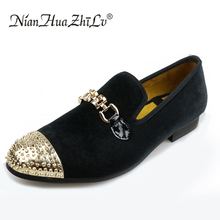 Handmade velvet men shoes with gold chain buckle and gold toe metal party and banquet men dress loafers walking shoes 2024 - buy cheap