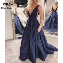 Elegant 2018 Dark Blue Prom Dresses Long Floor Length Deep V-Neck Sleeveless Tank Satin Backless Formal Evening Party Dress 2024 - buy cheap