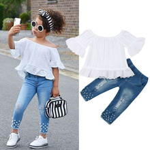 New Fashion 2019 Kids Baby Girls Sets Half Sleeve Shoulderless Lace T-shirt Denim Beads Long Pants 2Pcs Child Girl Outfits 1-6Y 2024 - buy cheap