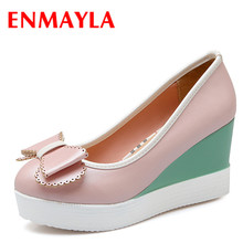 ENMAYLA-zapatos de tacón alto con cuña para mujer, calzado de plataforma con lazo, color rosa, azul y blanco, para primavera 2024 - compra barato