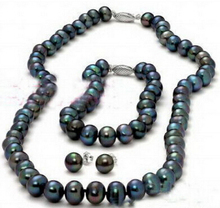 Joyería 001350 9-10mm negro real perla 18KWGP brazalete de collar con broche pendientes 2024 - compra barato