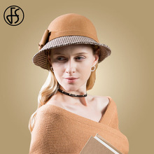 FS Women Vintage 100% Wool Felt Fedora Hat Formal Hats For Women Elegant Black Khaki Ladies Wide Brim Bow Cloche Hat Round Cap 2024 - buy cheap