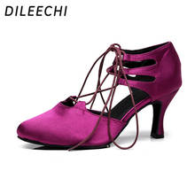 DILEECHI latin dance shoes women's black and purple bandage satin high 7.5cm square dancing shoes 2024 - buy cheap