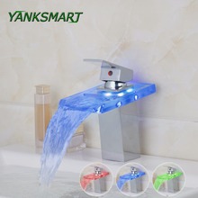 YANKSMART Waterfall Glass Polished Chrome Bathroom Sink Faucet LED Deck Mounted Hot And Cold Mixer Tap Bathroom Faucet 2024 - buy cheap