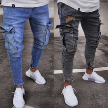 Мужские джинсовые рваные брюки стиля гранж, джинсы-карго в стиле хип-хоп, узкие джинсы-карандаш для мужчин, Стрейчевые брюки-карго с карманами 2024 - купить недорого