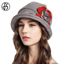 Chapéus de lã dobrável femininos fs, chapéus para mulheres, aba larga, vintage, flor, quentes, malha, chapéu de inverno 2024 - compre barato