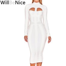 WillBeNice 2019 женское облегающее Бандажное платье, белое Клубное платье с длинным рукавом и вырезами, Vestidos Вечернее платье в стиле знаменитостей Midi 2024 - купить недорого