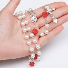 2018 Religious White Simulated Pearl Beads Red Rose Catholic Rosary Necklace Women Long Strand Necklaces Jesus Jewelry Gift 2024 - buy cheap