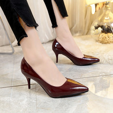 Sapato feminino de salto alto preto 8cm, calçado feminino sem cadarço couro envernizado salto fino raso outono 2024 - compre barato