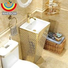Pia retangular com mosaico em ouro geométrico, pia de banheiro de cerâmica com suporte de pedestal, lavatório com sobrefluxo 2024 - compre barato