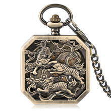 Vintage Pocket Watch Men Mechanical Hand Wind Pocket Watch Chain Tiger Carving Copper Silver Bronze Skeleton Steampunk Men Clock 2024 - buy cheap