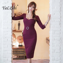 Women Solid Pencil Dress Autumn Plus Size Burgundy Three Quarter Sleeve V-neck Knee-length Elegant Blazer Dress Work Vestidos 2024 - buy cheap