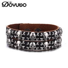Doyubo pulseira masculina de couro genuíno, marrom, fio duplo, bracelete com berloque de caveira de aço inoxidável, joias dd046 2024 - compre barato