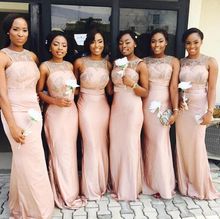 Peach Cheap Bridesmaid Dresses Under 50 Mermaid High Collar Floor Length Lace Long Wedding Party Dresses 2024 - buy cheap