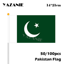 YAZANIE-bandera pequeña ondulada a mano de Pakistán con palo de plástico #8, bandera personalizada de países del mundo de poliéster, 14x21cm, 50/100 Uds., venta al por mayor 2024 - compra barato