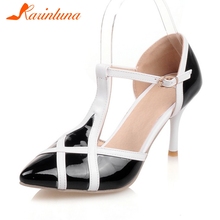 KARINLUNA 2019 Summer Plus Size 30-48 Elegant Women T-strap Sandals Ladies Patent Pu Pointed Toe Shoes Woman High Heels 2024 - buy cheap