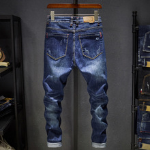 Мужские джинсы в Корейском стиле, узкие эластичные байкерские рваные синие джинсы, летние тонкие мужские брюки, повседневные джинсовые брюки для бега 2024 - купить недорого