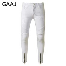 Мужские джинсы на молнии GAAJ, рваные джинсы с заплатками, облегающие брюки в байкерском стиле белого, черного и синего цвета 2024 - купить недорого