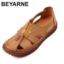 BEYARNE   Sandals 2018 Summer Genuine Leather Handmade Ladies Shoe Leather Sandals Women Flats Retro Style Mother Shoes 2024 - buy cheap