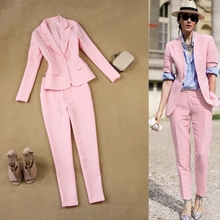 Chaqueta y pantalones de talla grande para mujer, traje Rosa sencillo, 2 piezas, primavera y otoño, Nueva Inglaterra, ajustados de talla grande, 2021 2024 - compra barato